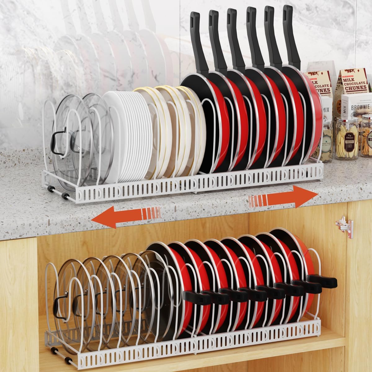 2 Pack Pot and Pan Lid Organizer Holder Storage Rack, Black | 12"-23" Expandable, 14 Adjustable Dividers, Sturdy Metal Construction, Easy Assembly
