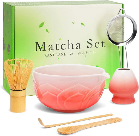 Matcha Whisk Set, Lotus Gradient Red Ceramic Matcha Set Includes Matcha Bowl, Matcha Whisk (Chasen) and Holder, Sifter, Bamboo Scoop & Spoon - 6 Pcs Matcha Kit for Matcha Lovers