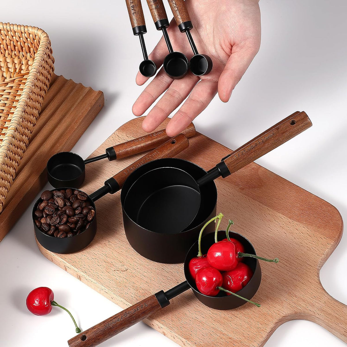 Stainless Steel Measuring Cups Set and Measuring Spoons Wooden Handle Metal Measure Cups and Spoons for Cooking and Baking, 8 Piece