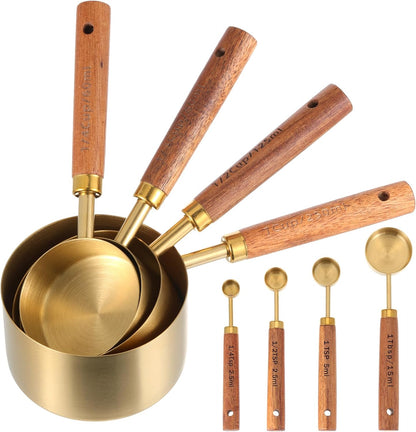 Stainless Steel Measuring Cups Set and Measuring Spoons Wooden Handle Metal Measure Cups and Spoons for Cooking and Baking, 8 Piece