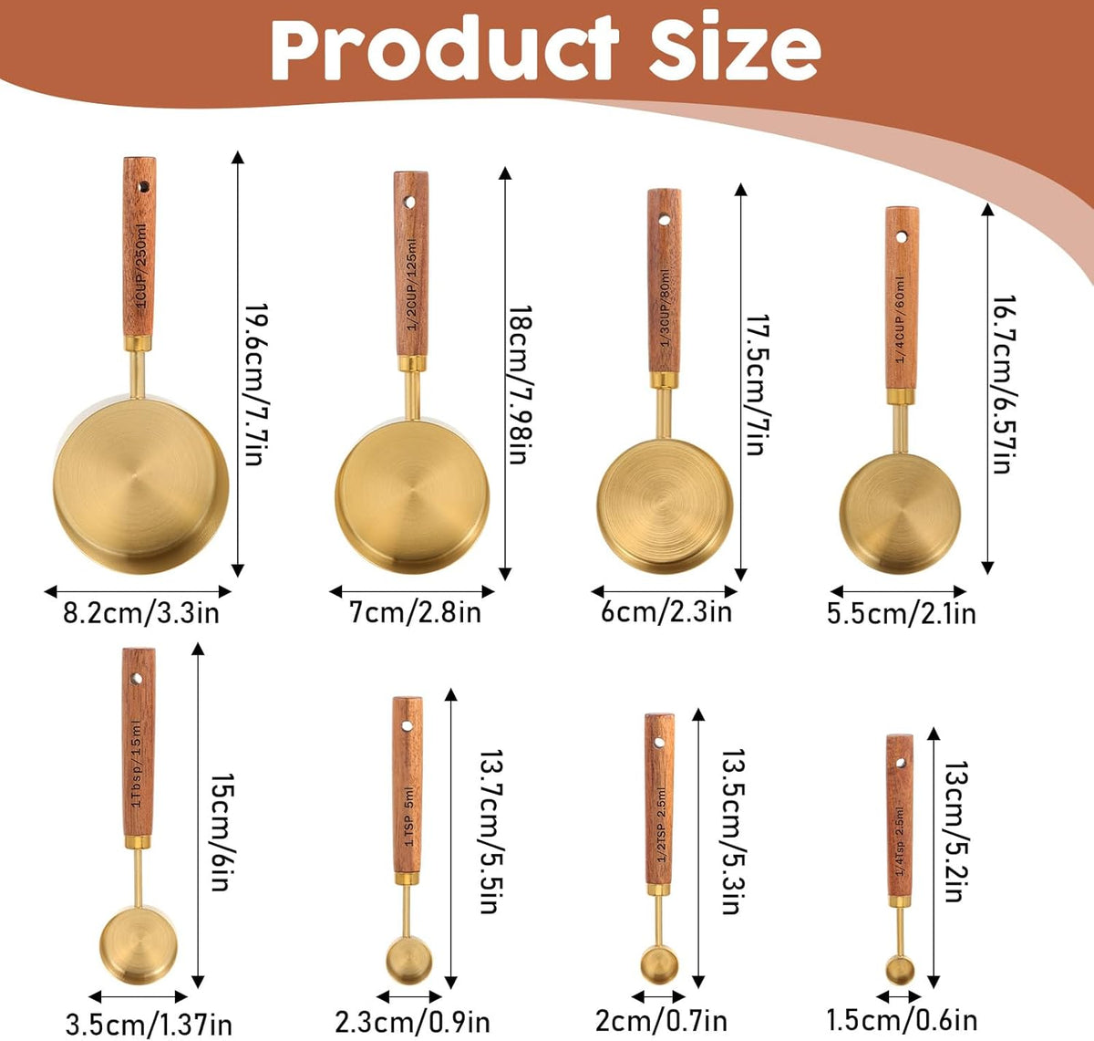 Stainless Steel Measuring Cups Set and Measuring Spoons Wooden Handle Metal Measure Cups and Spoons for Cooking and Baking, 8 Piece