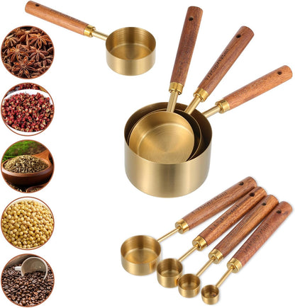 Stainless Steel Measuring Cups Set and Measuring Spoons Wooden Handle Metal Measure Cups and Spoons for Cooking and Baking, 8 Piece