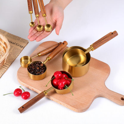 Stainless Steel Measuring Cups Set and Measuring Spoons Wooden Handle Metal Measure Cups and Spoons for Cooking and Baking, 8 Piece