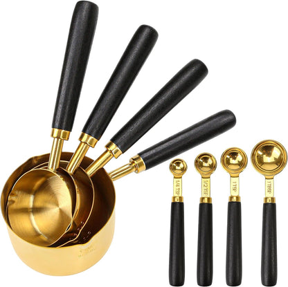 Set of 8 Black and Gold Measuring Cups and Spoons, Wooden Handle Stainless Steel Cup Kit with US Measurements for Dry & Liquid Ingredients, Dual Spout Cooking Baking Kitchen Gadget, Father's Day Gift