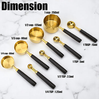 Set of 8 Black and Gold Measuring Cups and Spoons, Wooden Handle Stainless Steel Cup Kit with US Measurements for Dry & Liquid Ingredients, Dual Spout Cooking Baking Kitchen Gadget, Father's Day Gift
