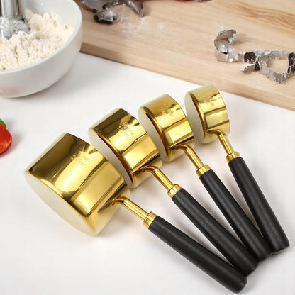 Set of 8 Black and Gold Measuring Cups and Spoons, Wooden Handle Stainless Steel Cup Kit with US Measurements for Dry & Liquid Ingredients, Dual Spout Cooking Baking Kitchen Gadget, Father's Day Gift