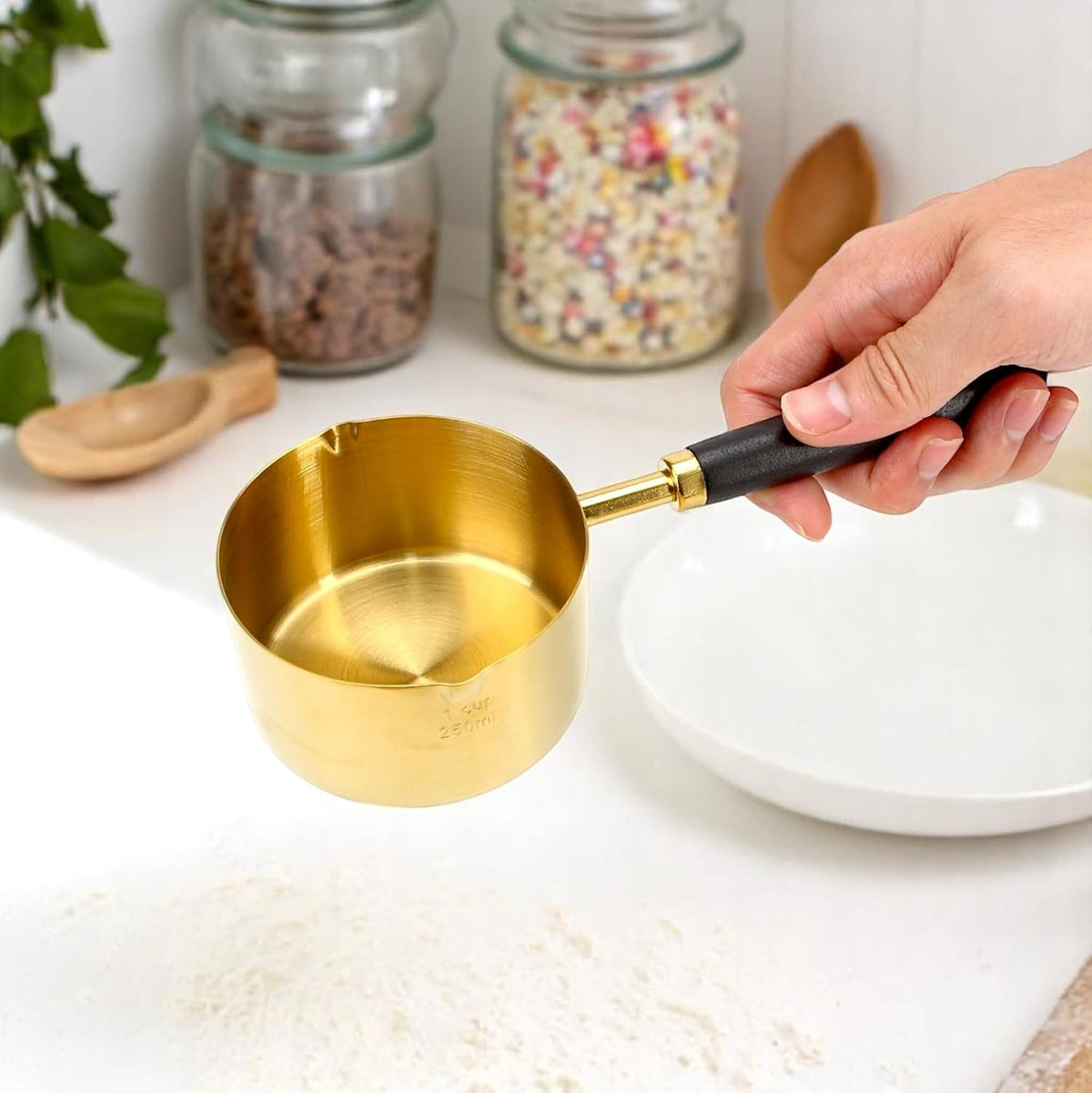 Set of 8 Black and Gold Measuring Cups and Spoons, Wooden Handle Stainless Steel Cup Kit with US Measurements for Dry & Liquid Ingredients, Dual Spout Cooking Baking Kitchen Gadget, Father's Day Gift