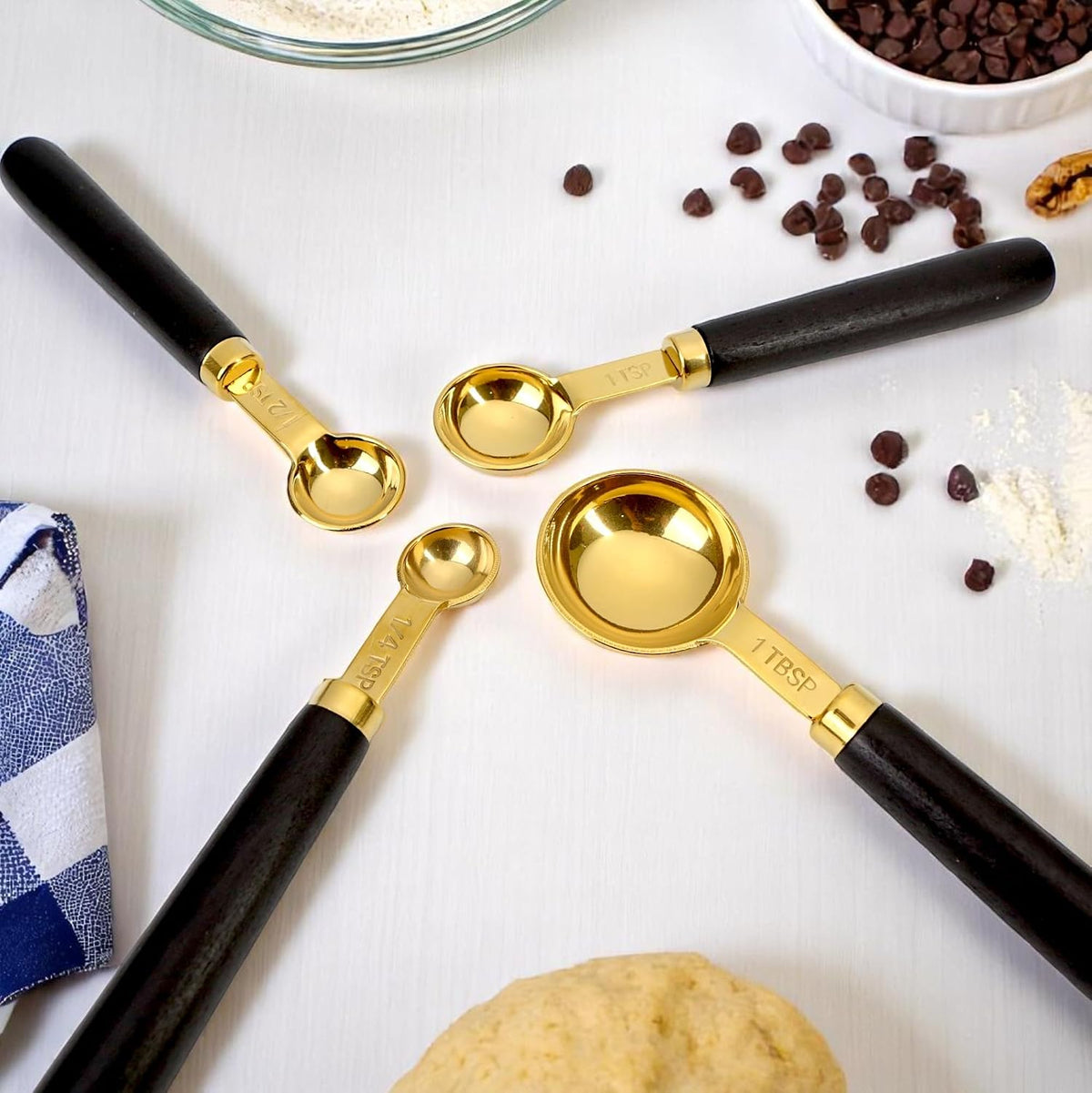 Set of 8 Black and Gold Measuring Cups and Spoons, Wooden Handle Stainless Steel Cup Kit with US Measurements for Dry & Liquid Ingredients, Dual Spout Cooking Baking Kitchen Gadget, Father's Day Gift