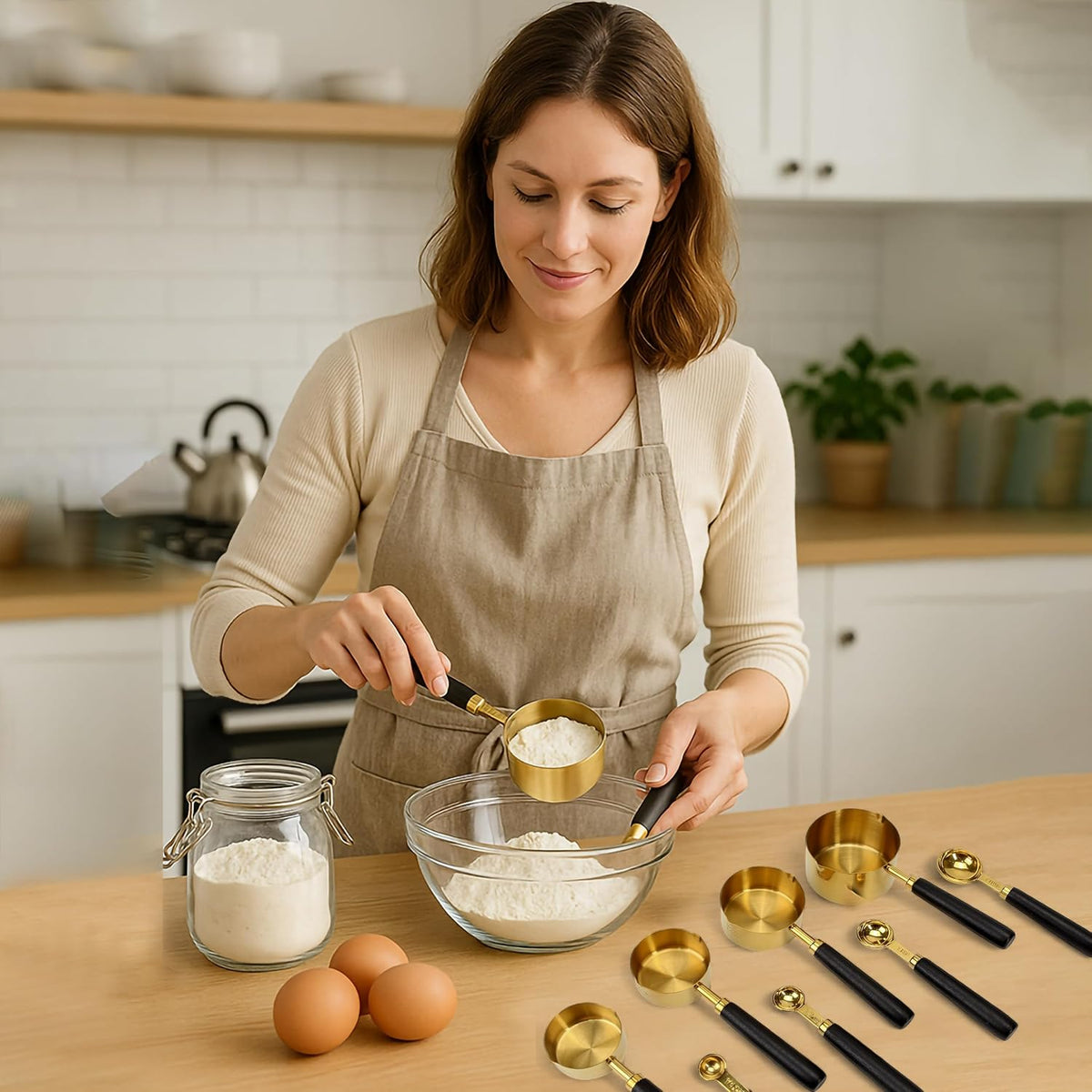 Set of 8 Black and Gold Measuring Cups and Spoons, Wooden Handle Stainless Steel Cup Kit with US Measurements for Dry & Liquid Ingredients, Dual Spout Cooking Baking Kitchen Gadget, Father's Day Gift
