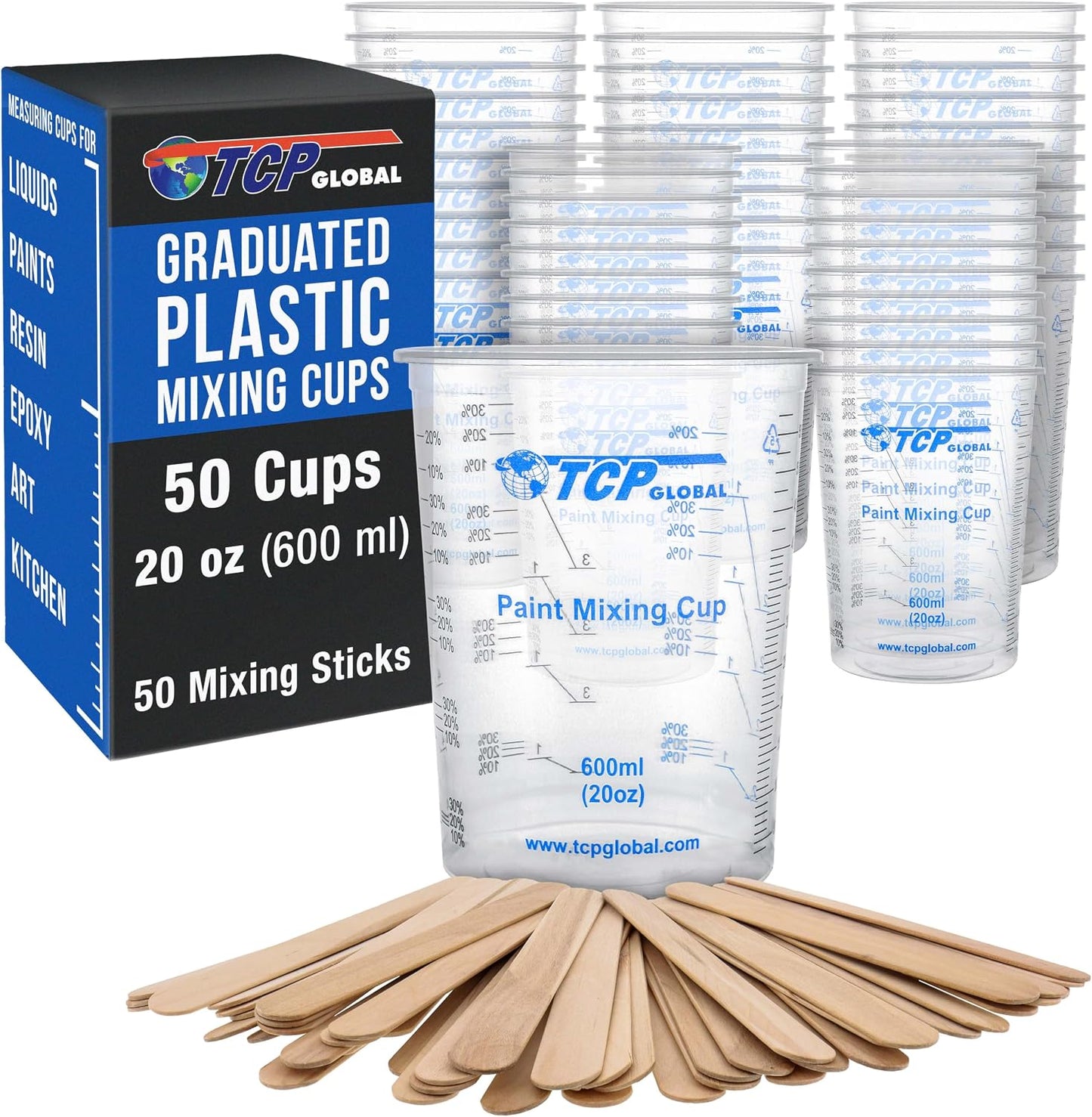 20 oz. (600ml) Graduated Plastic Mixing Cups - Box of 50 with 50 Mixing Sticks - Disposable Plastic Measuring Cups for Liquids, Paints, Resin, Epoxy, Art, Kitchen - Ratios 2-1, 3-1, 4-1 ML