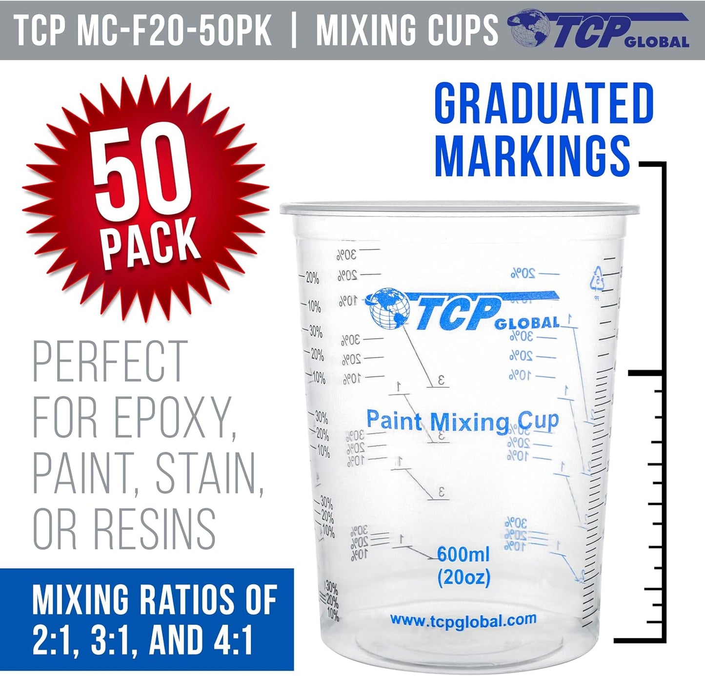 20 oz. (600ml) Graduated Plastic Mixing Cups - Box of 50 with 50 Mixing Sticks - Disposable Plastic Measuring Cups for Liquids, Paints, Resin, Epoxy, Art, Kitchen - Ratios 2-1, 3-1, 4-1 ML