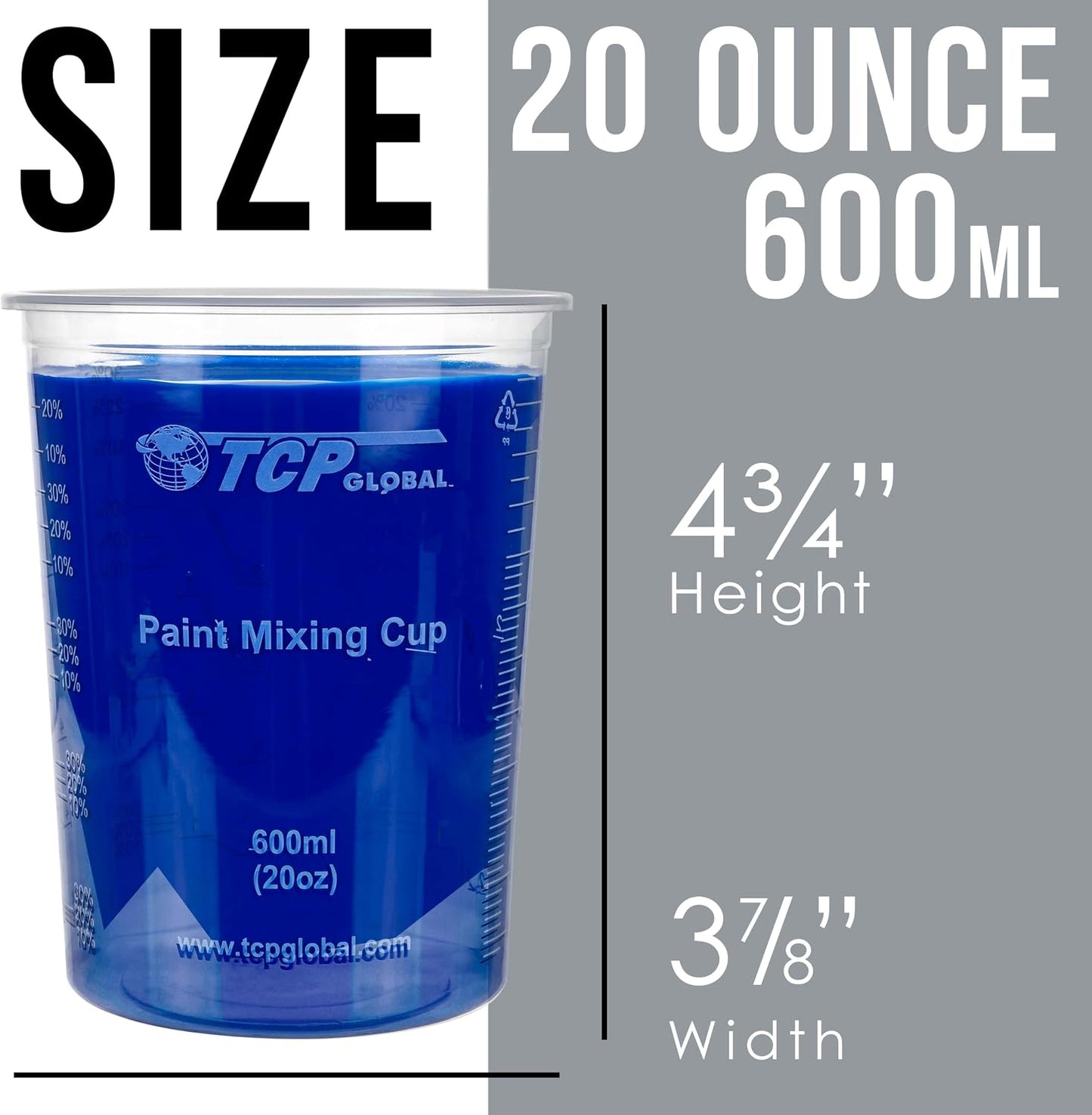 20 oz. (600ml) Graduated Plastic Mixing Cups - Box of 50 with 50 Mixing Sticks - Disposable Plastic Measuring Cups for Liquids, Paints, Resin, Epoxy, Art, Kitchen - Ratios 2-1, 3-1, 4-1 ML
