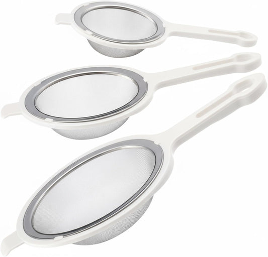 Set of 3 Stainless Steel Mesh Strainer 304 Fine Mesh Filters with Ergonomic Handles and Hanging Ears for Oil Filter Skimming Grease and Foam(White)