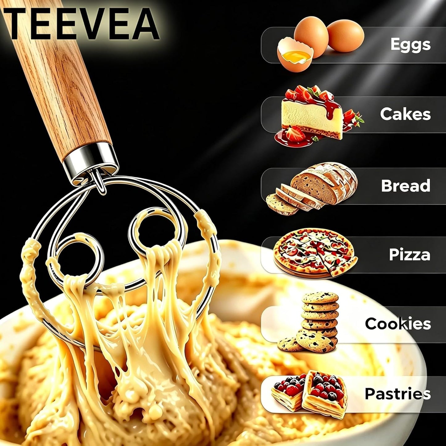 Danish Dough Whisk Stainless Steel Wooden Handle for Sourdough Bread | 4-Loop food-grade steel dutch whisk; even mixing; replaces dough hook & mixing spoon; nonstick easy clean; sourdough mixer