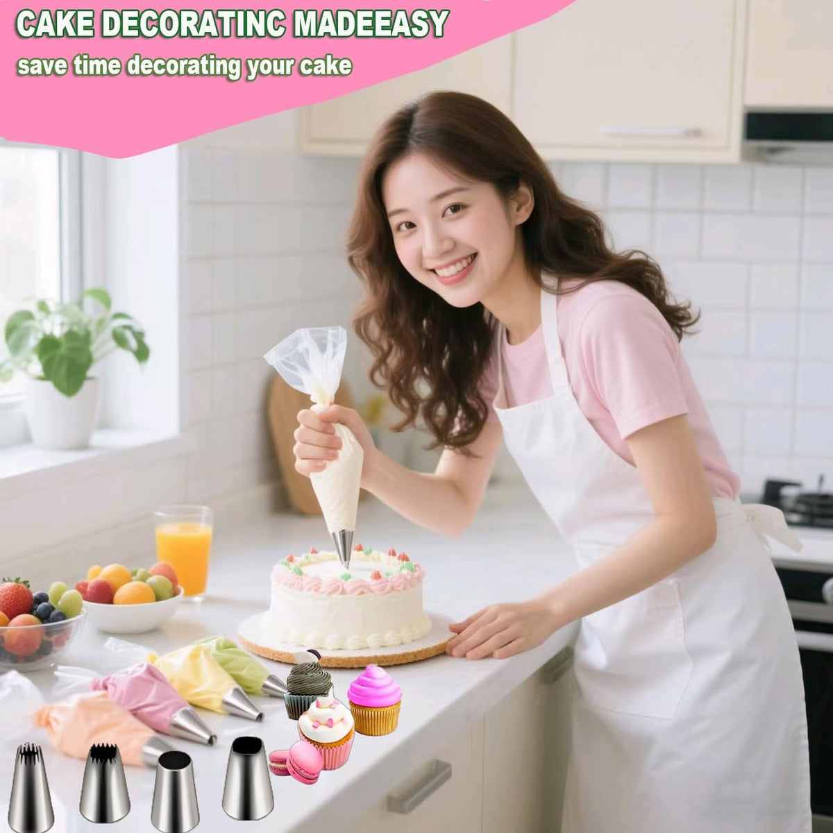 8 Pcs Rose Flower Piping Tips Set,Petal Icing Tips,PipingRose Nozzle,Stainless Steel Cake Decorating Pastry Tools, for CakeDecorating,with A Cleaning Brush (Rose-8pcs)