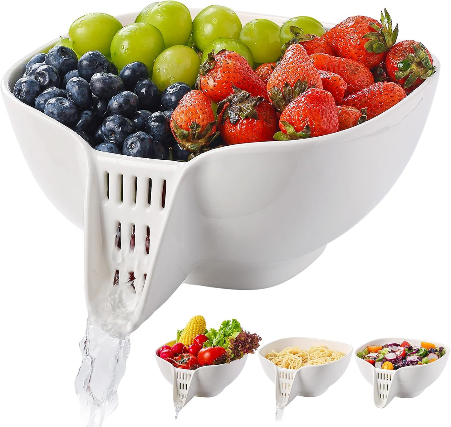 Ceramic Drain Basket 60 Oz - Porcelain Colander with Integrated Spout for Kitchen, Food Strainer for Vegetables, Fruit, Pasta, Heat-Resistant Dishwasher Safe