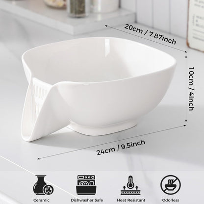 Ceramic Drain Basket 60 Oz - Porcelain Colander with Integrated Spout for Kitchen, Food Strainer for Vegetables, Fruit, Pasta, Heat-Resistant Dishwasher Safe