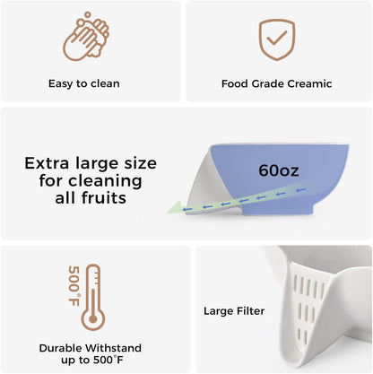 Ceramic Drain Basket 60 Oz - Porcelain Colander with Integrated Spout for Kitchen, Food Strainer for Vegetables, Fruit, Pasta, Heat-Resistant Dishwasher Safe