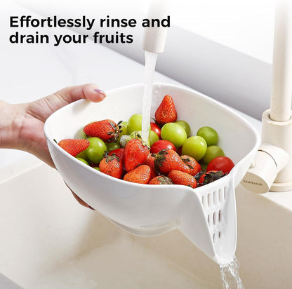 Ceramic Drain Basket 60 Oz - Porcelain Colander with Integrated Spout for Kitchen, Food Strainer for Vegetables, Fruit, Pasta, Heat-Resistant Dishwasher Safe