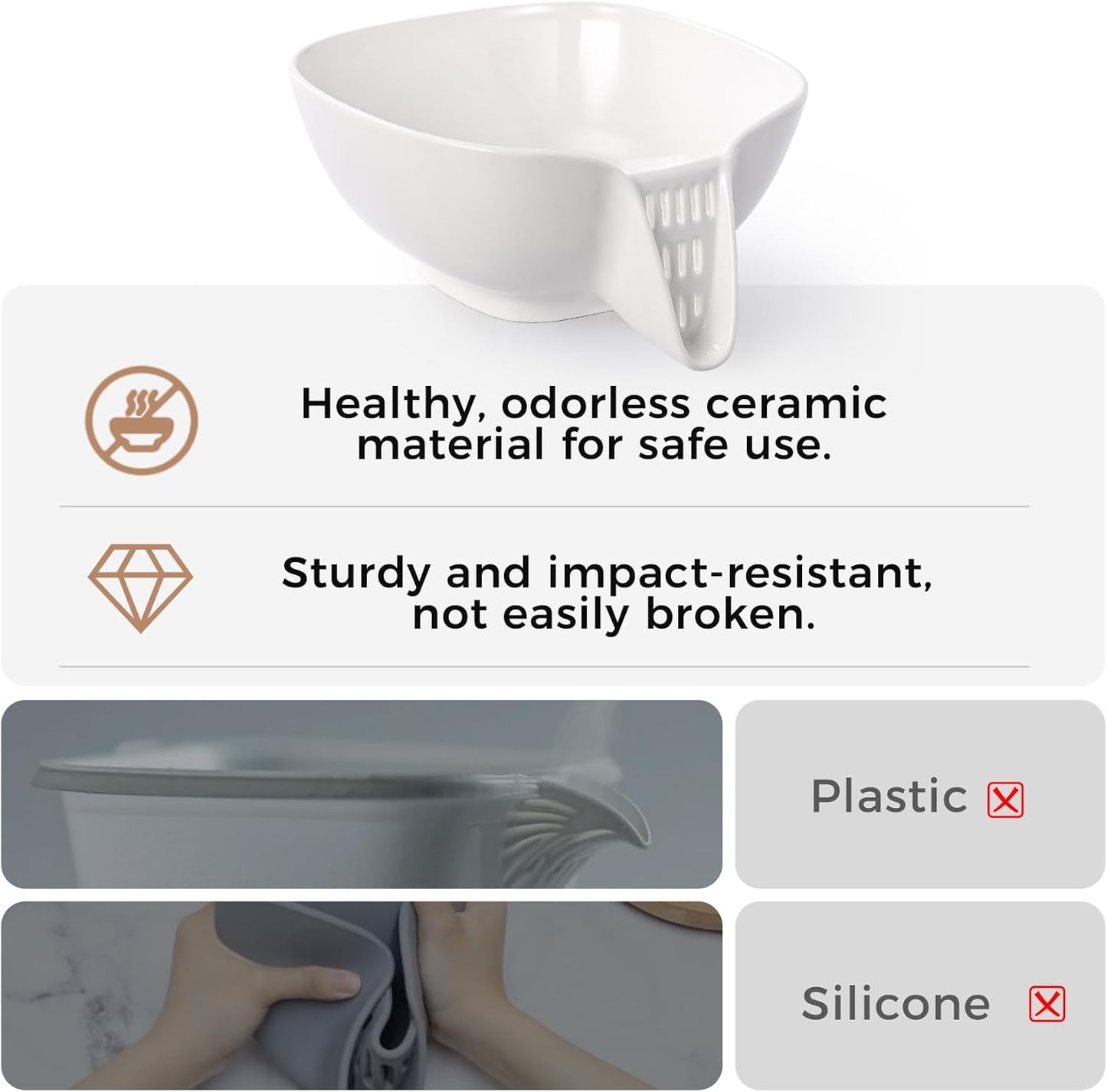 Ceramic Drain Basket 60 Oz - Porcelain Colander with Integrated Spout for Kitchen, Food Strainer for Vegetables, Fruit, Pasta, Heat-Resistant Dishwasher Safe