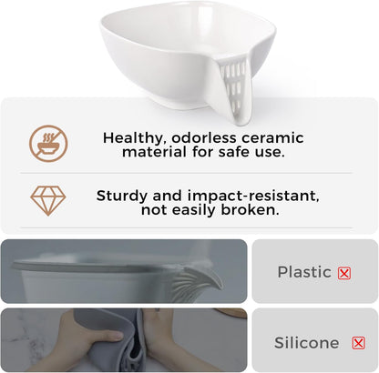 Ceramic Drain Basket 60 Oz - Porcelain Colander with Integrated Spout for Kitchen, Food Strainer for Vegetables, Fruit, Pasta, Heat-Resistant Dishwasher Safe
