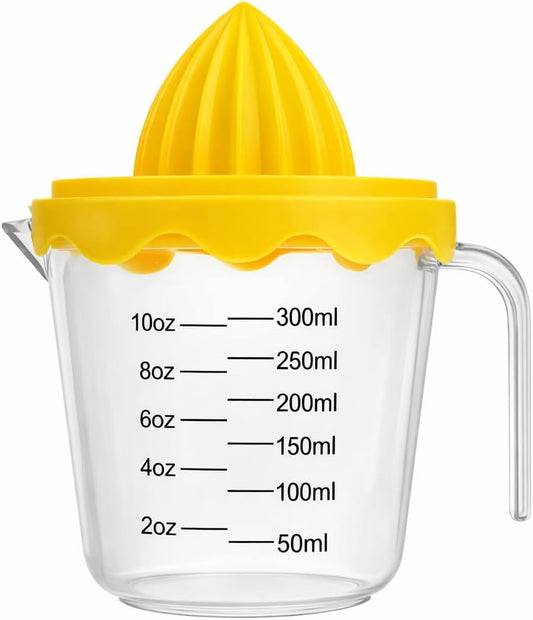 Manual Citrus Juicer with 10oz 300ml Measuring Cup, Lemon Lime Orange Reamer with Built-In Strainer, BPA Free Hand Squeezer with Pour Spout & Handle