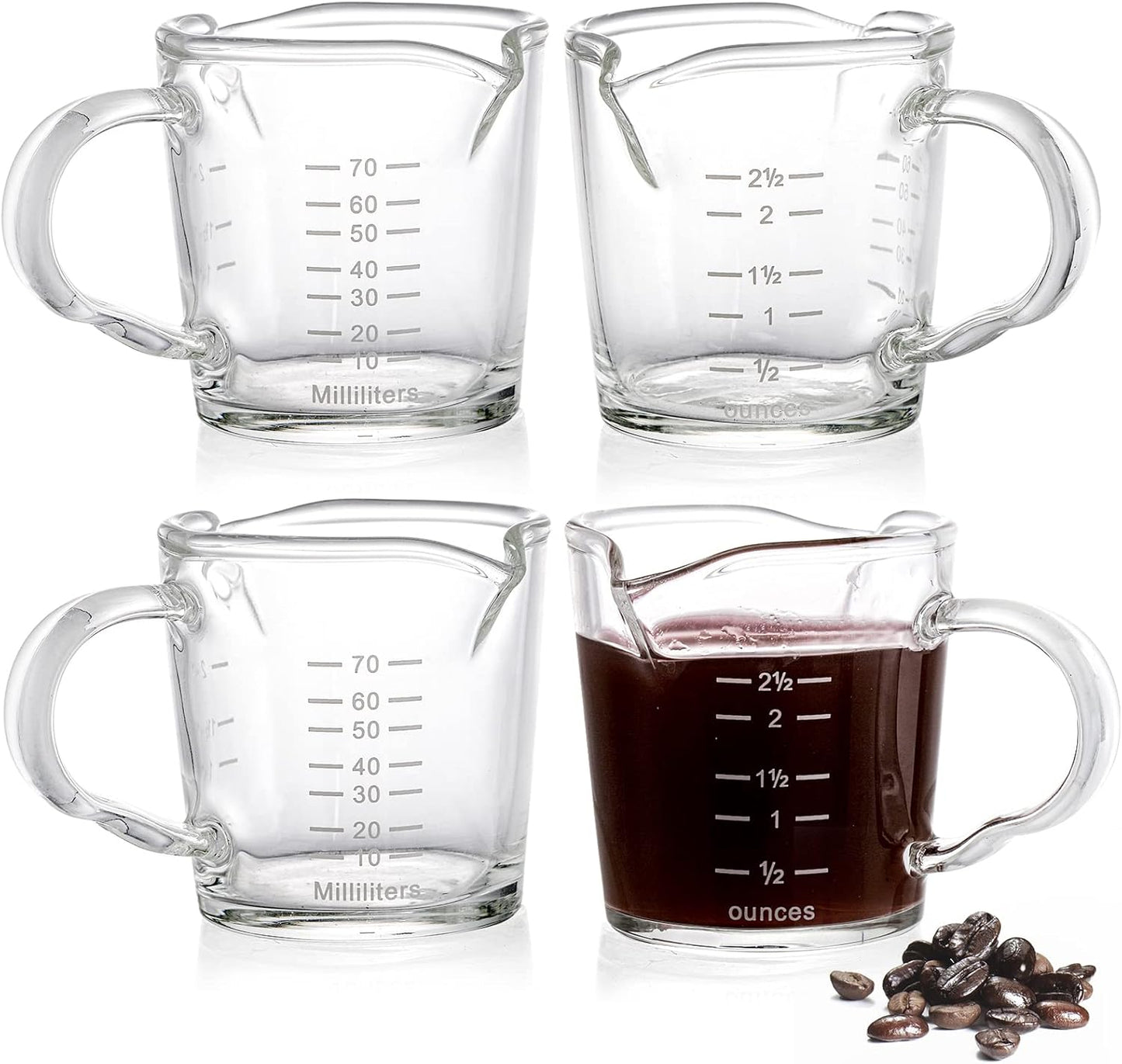 4 Pack Double Spouts Measuring Cups Espresso Shot Glass with Handle, 2.5 Oz Mini Milk Triple Pitcher Barista Clear Graduated Cups for Coffee, Wine, Bar, Party