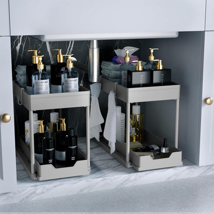 Under Sink Organizer 2 Pack, Bathroom Cabinet Organizer, 2 Tier Sliding Cabinet Basket Organizer Drawer, Multi-Purpose Bath Collection Baskets for Bathroom (Black)