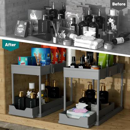 Under Sink Organizer 2 Pack, Bathroom Cabinet Organizer, 2 Tier Sliding Cabinet Basket Organizer Drawer, Multi-Purpose Bath Collection Baskets for Bathroom (Black)