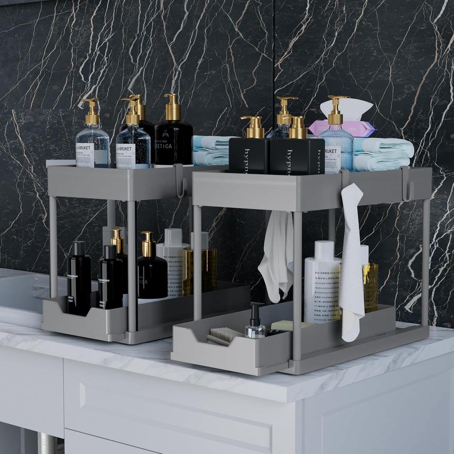 Under Sink Organizer 2 Pack, Bathroom Cabinet Organizer, 2 Tier Sliding Cabinet Basket Organizer Drawer, Multi-Purpose Bath Collection Baskets for Bathroom (Black)
