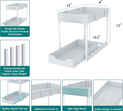 Under Sink Organizer 2 Pack, Bathroom Cabinet Organizer, 2 Tier Sliding Cabinet Basket Organizer Drawer, Multi-Purpose Bath Collection Baskets for Bathroom (Black)