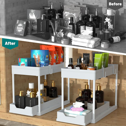 Under Sink Organizer 2 Pack, Bathroom Cabinet Organizer, 2 Tier Sliding Cabinet Basket Organizer Drawer, Multi-Purpose Bath Collection Baskets for Bathroom (Black)