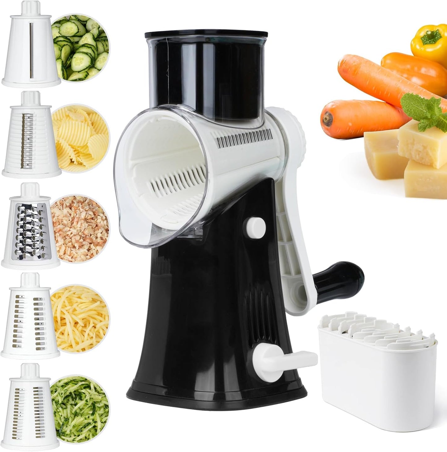Rotary Cheese Grater Hand Crank with Reinforced Suction & 5 Blade | Strong Suction Base Stays Firm, 5 Interchangeable Blades, Great for Vegetables & Nuts, Mandoline Slicer for Kitchen, White