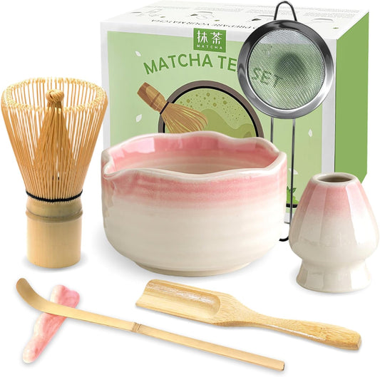 Matcha Whisk Set, 7PCS Matcha Set with Bamboo Whisk and Ceramic Bowl | Complete Matcha Kit Includes 17oz Bowl, Handmade Whisk 100 Prongs, Holder, Spoon, Sifter for Matcha Lovers, Gradient Pink