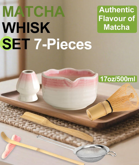 Matcha Whisk Set, 7PCS Matcha Set with Bamboo Whisk and Ceramic Bowl | Complete Matcha Kit Includes 17oz Bowl, Handmade Whisk 100 Prongs, Holder, Spoon, Sifter for Matcha Lovers, Gradient Pink