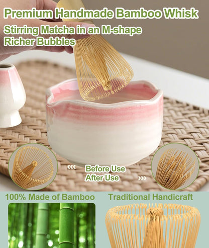Matcha Whisk Set, 7PCS Matcha Set with Bamboo Whisk and Ceramic Bowl | Complete Matcha Kit Includes 17oz Bowl, Handmade Whisk 100 Prongs, Holder, Spoon, Sifter for Matcha Lovers, Gradient Pink