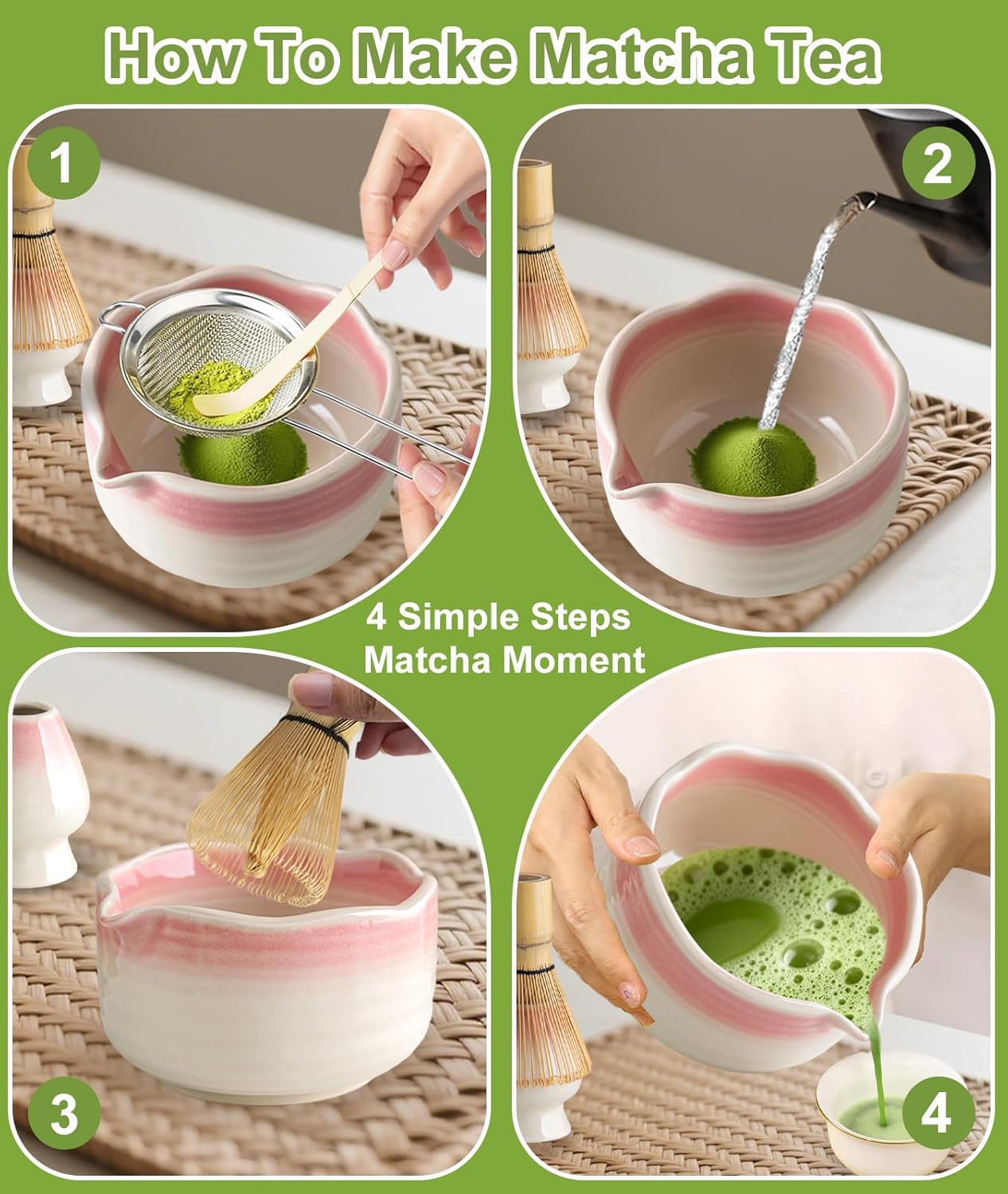 Matcha Whisk Set, 7PCS Matcha Set with Bamboo Whisk and Ceramic Bowl | Complete Matcha Kit Includes 17oz Bowl, Handmade Whisk 100 Prongs, Holder, Spoon, Sifter for Matcha Lovers, Gradient Pink