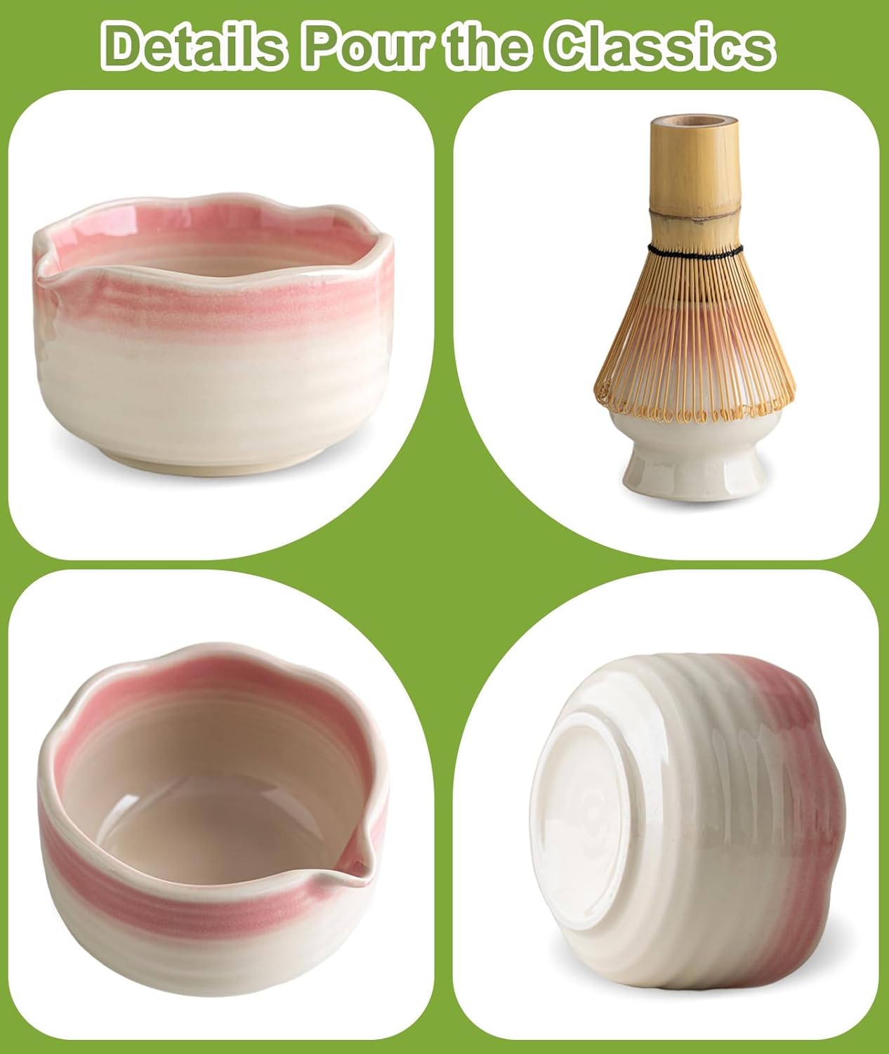 Matcha Whisk Set, 7PCS Matcha Set with Bamboo Whisk and Ceramic Bowl | Complete Matcha Kit Includes 17oz Bowl, Handmade Whisk 100 Prongs, Holder, Spoon, Sifter for Matcha Lovers, Gradient Pink