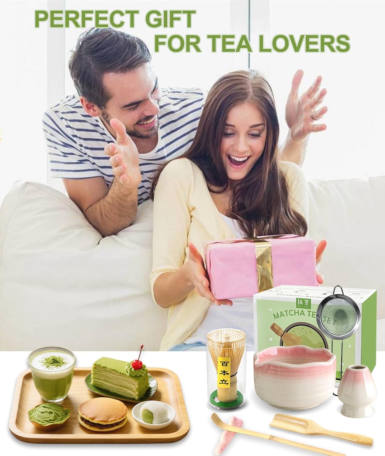 Matcha Whisk Set, 7PCS Matcha Set with Bamboo Whisk and Ceramic Bowl | Complete Matcha Kit Includes 17oz Bowl, Handmade Whisk 100 Prongs, Holder, Spoon, Sifter for Matcha Lovers, Gradient Pink