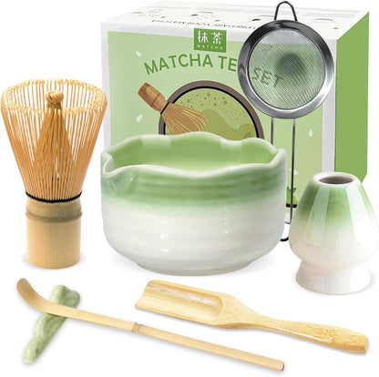 Matcha Whisk Set, 7PCS Matcha Set with Bamboo Whisk and Ceramic Bowl | Complete Matcha Kit Includes 17oz Bowl, Handmade Whisk 100 Prongs, Holder, Spoon, Sifter for Matcha Lovers, Gradient Pink