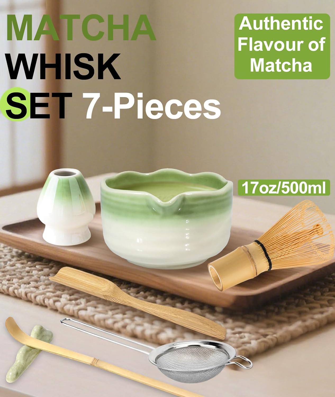 Matcha Whisk Set, 7PCS Matcha Set with Bamboo Whisk and Ceramic Bowl | Complete Matcha Kit Includes 17oz Bowl, Handmade Whisk 100 Prongs, Holder, Spoon, Sifter for Matcha Lovers, Gradient Pink