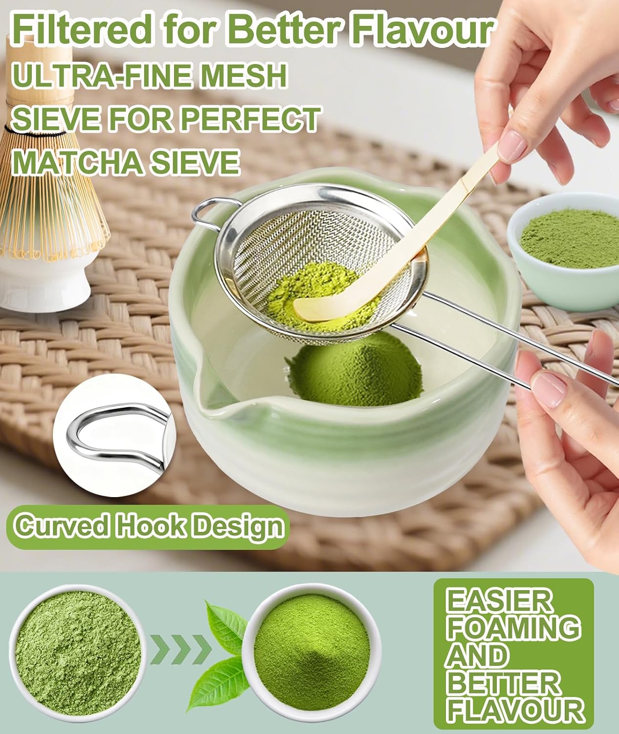 Matcha Whisk Set, 7PCS Matcha Set with Bamboo Whisk and Ceramic Bowl | Complete Matcha Kit Includes 17oz Bowl, Handmade Whisk 100 Prongs, Holder, Spoon, Sifter for Matcha Lovers, Gradient Pink