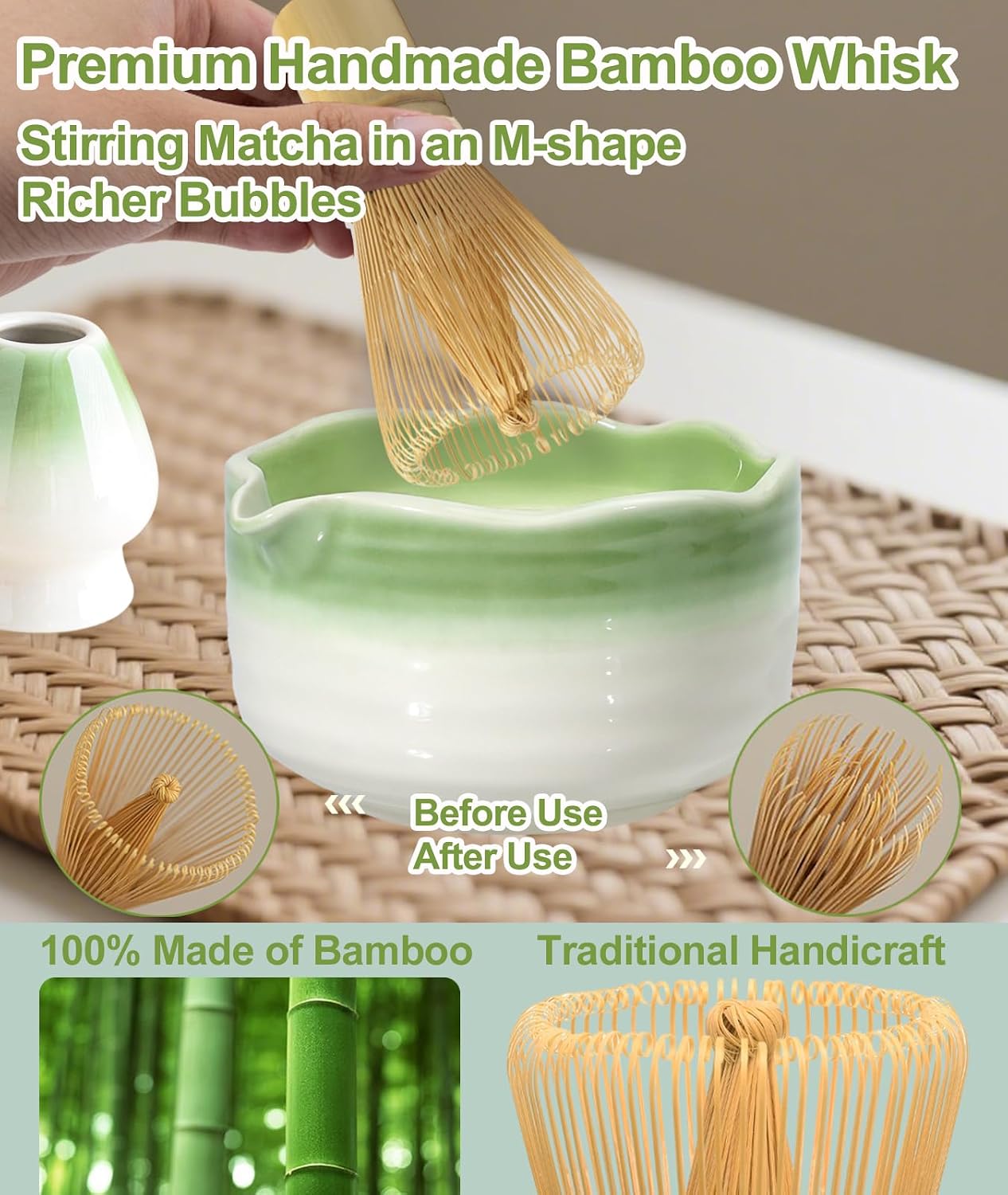 Matcha Whisk Set, 7PCS Matcha Set with Bamboo Whisk and Ceramic Bowl | Complete Matcha Kit Includes 17oz Bowl, Handmade Whisk 100 Prongs, Holder, Spoon, Sifter for Matcha Lovers, Gradient Pink