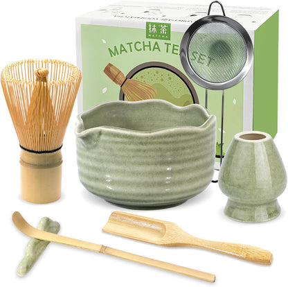 Matcha Whisk Set, 7PCS Matcha Set with Bamboo Whisk and Ceramic Bowl | Complete Matcha Kit Includes 17oz Bowl, Handmade Whisk 100 Prongs, Holder, Spoon, Sifter for Matcha Lovers, Gradient Pink