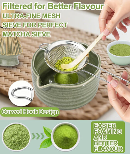 Matcha Whisk Set, 7PCS Matcha Set with Bamboo Whisk and Ceramic Bowl | Complete Matcha Kit Includes 17oz Bowl, Handmade Whisk 100 Prongs, Holder, Spoon, Sifter for Matcha Lovers, Gradient Pink