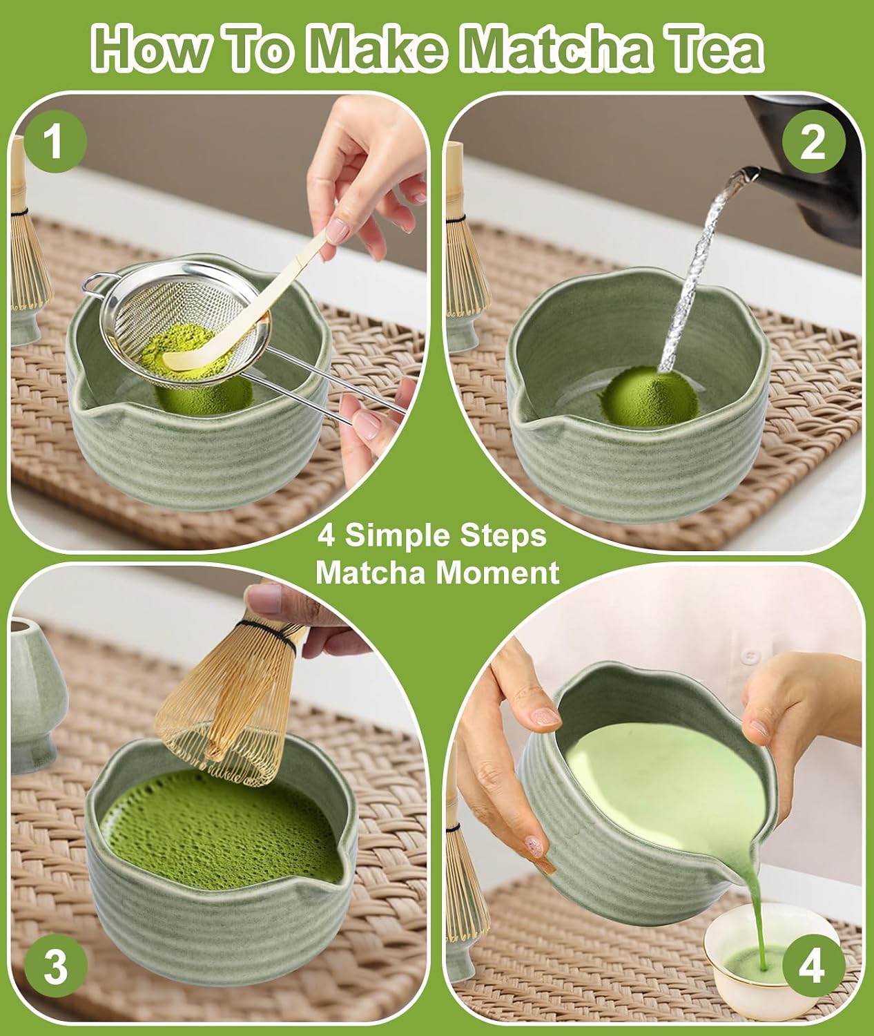 Matcha Whisk Set, 7PCS Matcha Set with Bamboo Whisk and Ceramic Bowl | Complete Matcha Kit Includes 17oz Bowl, Handmade Whisk 100 Prongs, Holder, Spoon, Sifter for Matcha Lovers, Gradient Pink