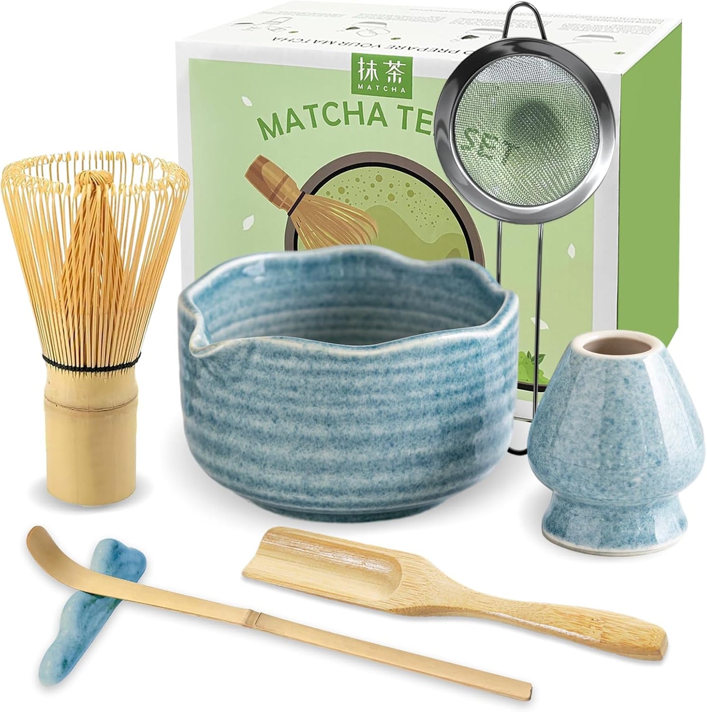 Matcha Whisk Set, 7PCS Matcha Set with Bamboo Whisk and Ceramic Bowl | Complete Matcha Kit Includes 17oz Bowl, Handmade Whisk 100 Prongs, Holder, Spoon, Sifter for Matcha Lovers, Gradient Pink
