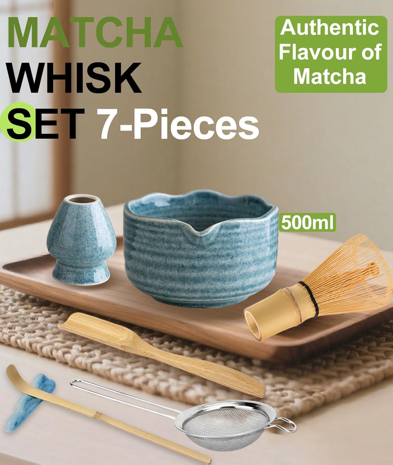 Matcha Whisk Set, 7PCS Matcha Set with Bamboo Whisk and Ceramic Bowl | Complete Matcha Kit Includes 17oz Bowl, Handmade Whisk 100 Prongs, Holder, Spoon, Sifter for Matcha Lovers, Gradient Pink