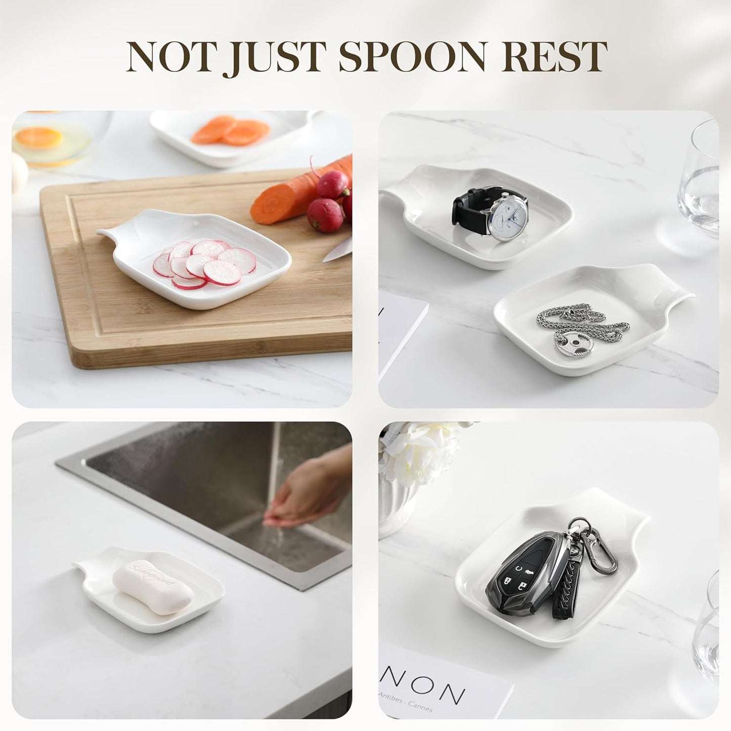 Spoon Rest, Large Spoon Rests for Stove Top, Porcelain Spoon Holder for Kitchen Counter, Utensils Rests, Cooking Spoon Holders for Spatula Ladle Tongs, Ivory White, Series REGULAR
