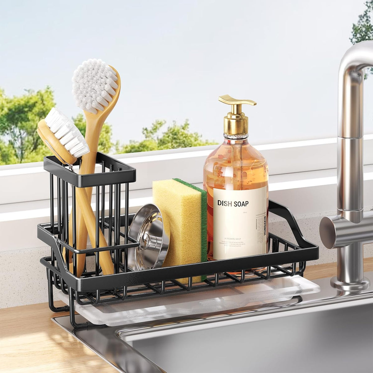 Sponge Holder for Kitchen Sink - Kitchen Sink Caddy Organizer with Removable Drip Tray for Countertop Dish Soap Dispenser Brush Storage Accessories 304 Stainless Steel - Black